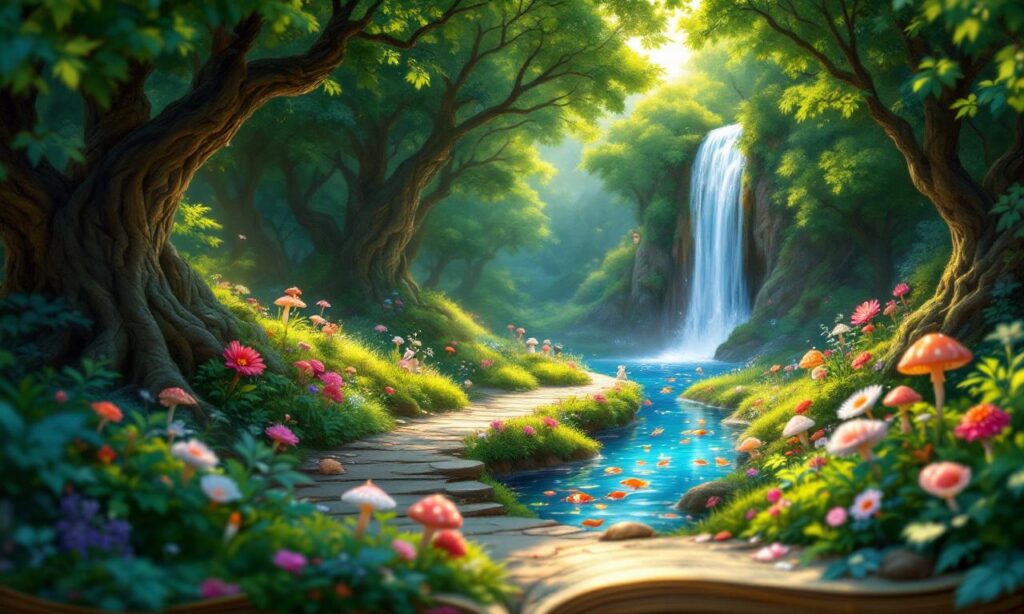 An enchanting illustration from an ancient book depicting a magical forest scene.