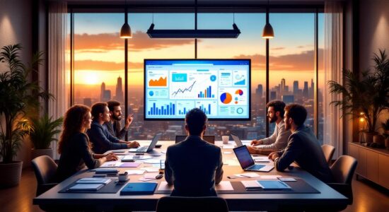 Современный офис с рабочими, разрабатывающими бизнес-планы.