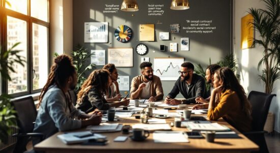 Команда предпринимателей обсуждает бизнес-план в современном офисе.