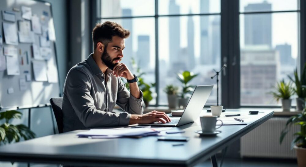 Предприниматель работает над бизнес-планом в стильном офисе.