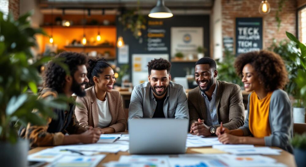 Сцена обсуждения финансирования малого бизнеса с разнообразными источниками инвестиций, включая офисы банков и технокомпании.