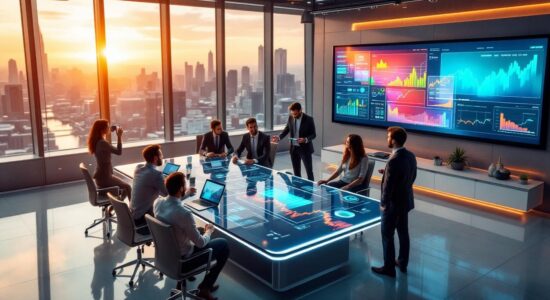 Футуристический офис финансового консалтинга с современным дизайном и высокими технологиями.