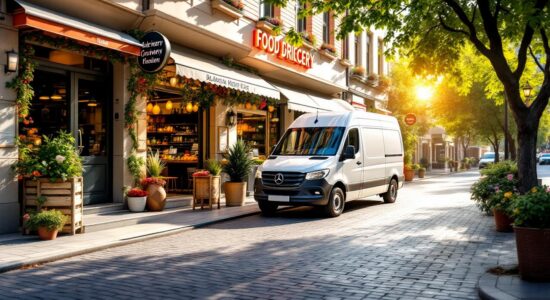A scenic view of a city street in Grozny featuring vibrant grocery shops and a delivery van, without people.