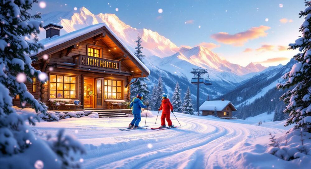 A cozy mini-hotel in Arkhyz with skiers in bright outfits.