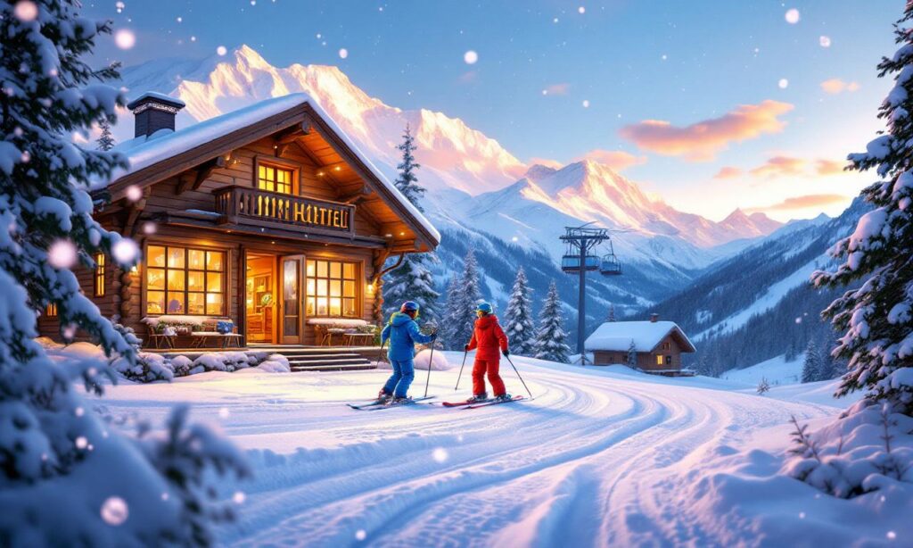 A cozy mini-hotel in Arkhyz with skiers in bright outfits.