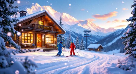 A cozy mini-hotel in Arkhyz with skiers in bright outfits.