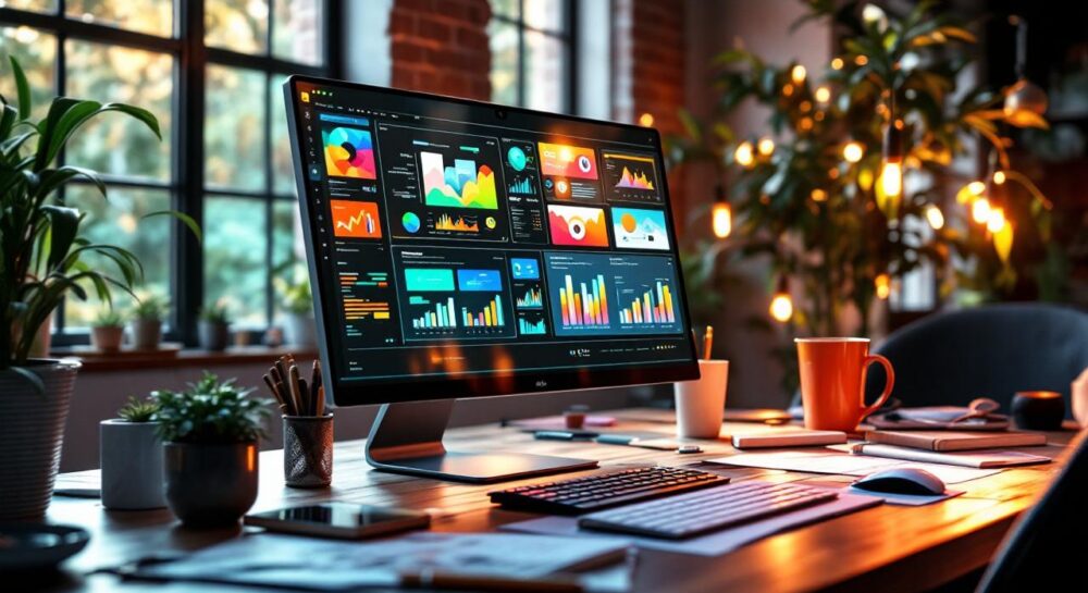 A modern workspace with a sleek computer screen displaying a vibrant presentation, illuminated by sunlight, showcasing creativity and design.