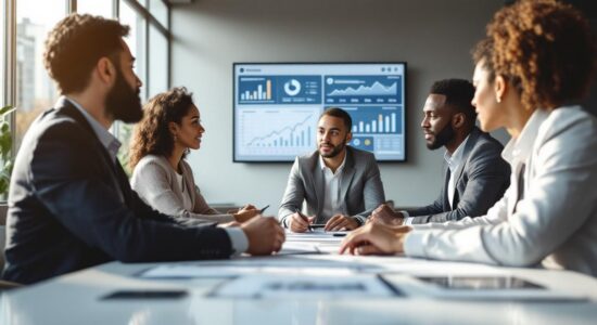 Современный офис с командой бизнес-профи, работающими над финансовыми планами.