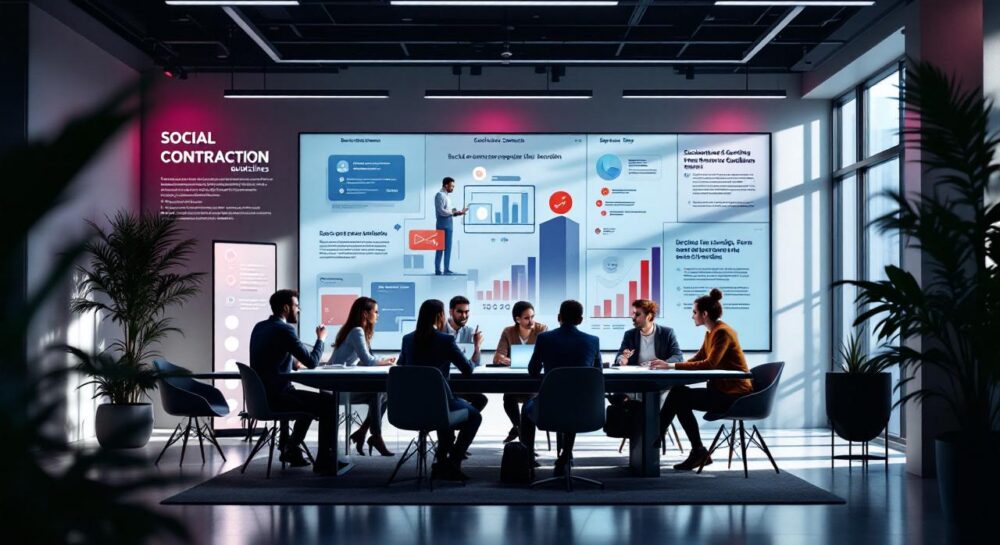 Современный бизнес-офис с предпринимателями, обсуждающими социальный контракт.