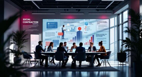 Современный бизнес-офис с предпринимателями, обсуждающими социальный контракт.