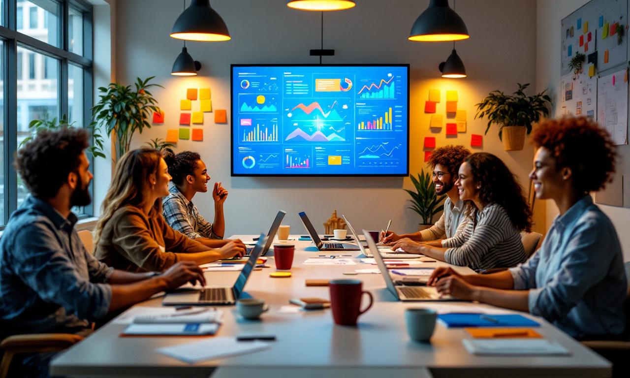 Команда профессионалов работает над разработкой презентации в креативном офисе.