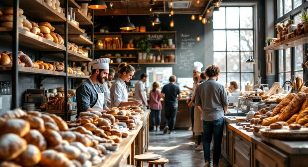Сцена уютной пекарни с разнообразными хлебами и выпечкой, теплый свет и дружелюбная атмосфера.