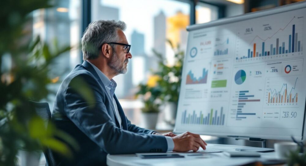 Бизнес-аналитик, рассчитывающий окупаемость проекта в современном офисе.