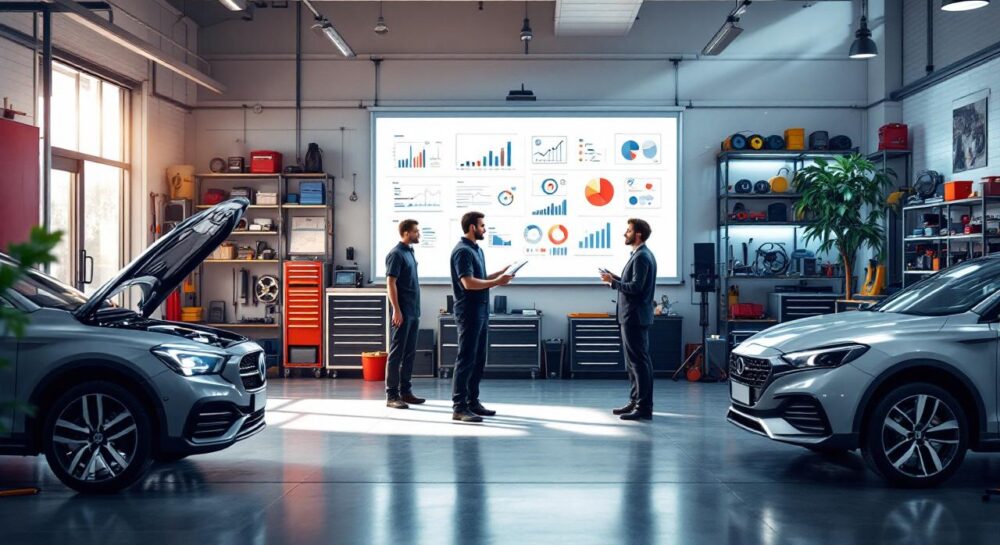 A modern auto repair shop business plan with employees collaborating.