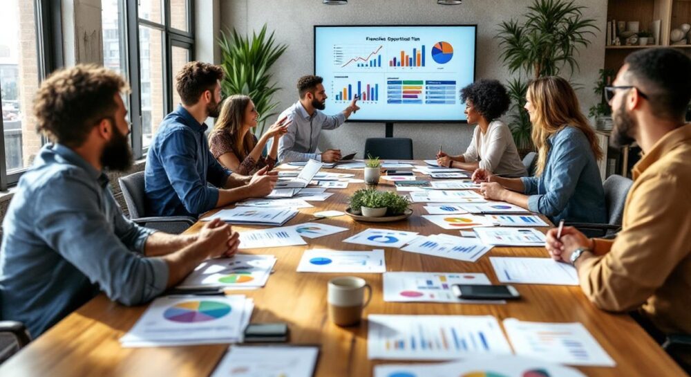 An animated brainstorming session about a franchise business plan in a bright modern office.