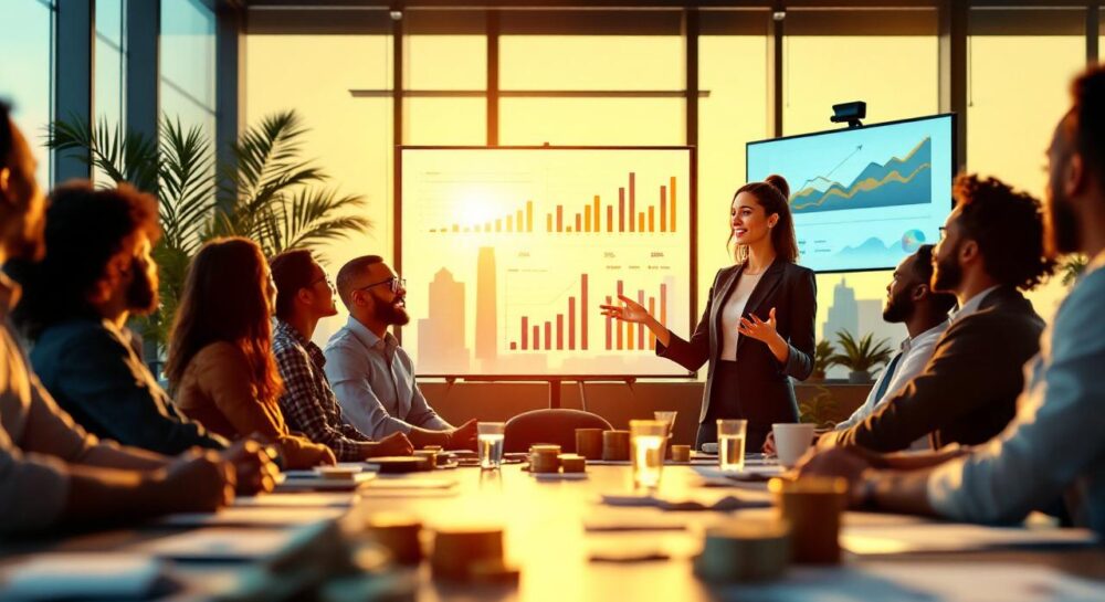 Наглядное представление бизнес-плана и денежной выплаты в офисной обстановке.