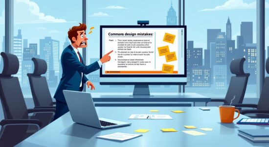 A humorous depiction of design mistakes in a business presentation, featuring a cluttered laptop screen and a frustrated presenter in a modern boardroom.
