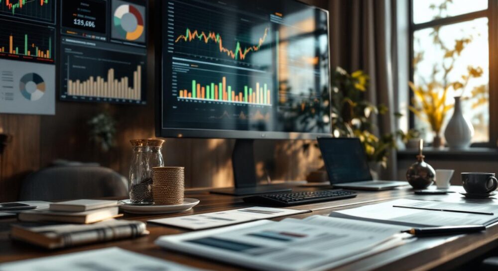 Современный офис с отчетами и графиками о стоимости бизнеса.