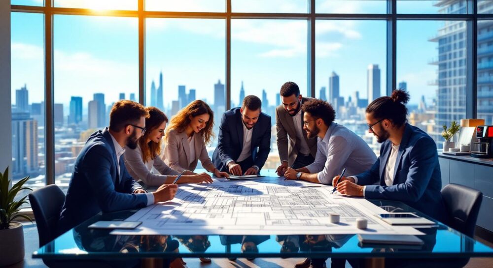 Сцена бизнес-плана для строительной фирмы с профессионалами, работающими над чертежами в современном офисе.