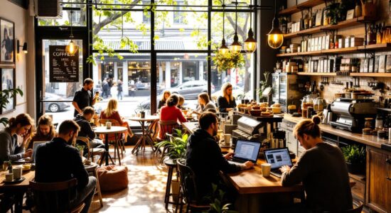 A cozy coffee shop with patrons enjoying coffee and pastries in a warm atmosphere.