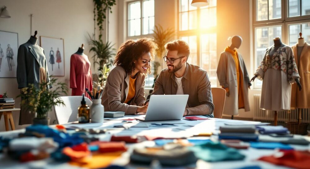 Сцена современного рабочего пространства, где разрабатывается бренд одежды, с яркими тканями и эскизами.