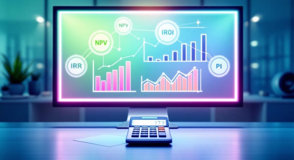 Infographic illustrating financial metrics like NPV, IRR, ROI, and PI in a modern office.