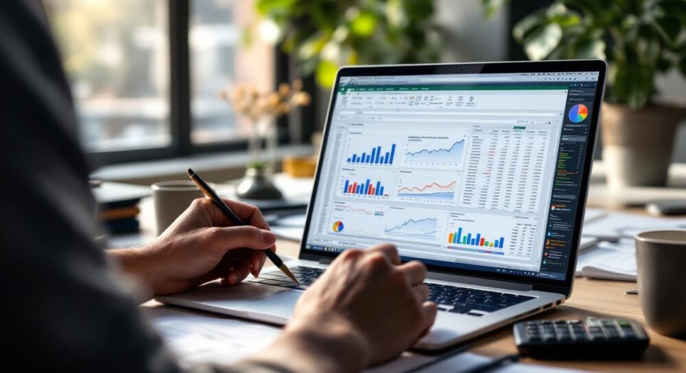 A person focused on creating an Excel financial model, surrounded by paperwork in a bright office.