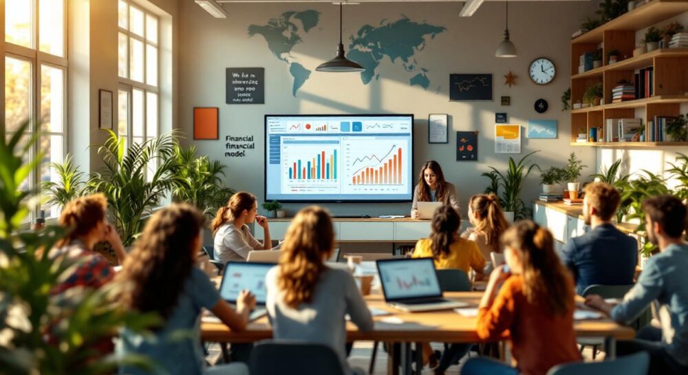 Современный класс онлайн-школы, где студенты изучают финансовую модель с графиками и диаграммами, теплый свет и сотрудничество.
