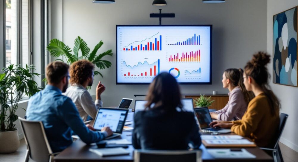 An office meeting room with a team discussing a financial model displayed on a presentation screen.