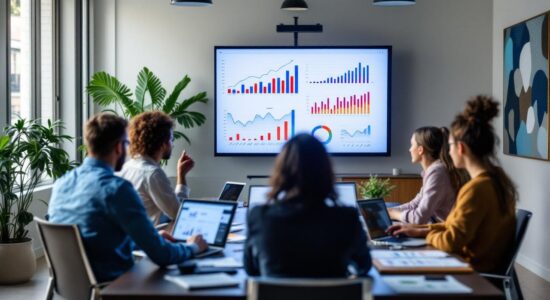 An office meeting room with a team discussing a financial model displayed on a presentation screen.