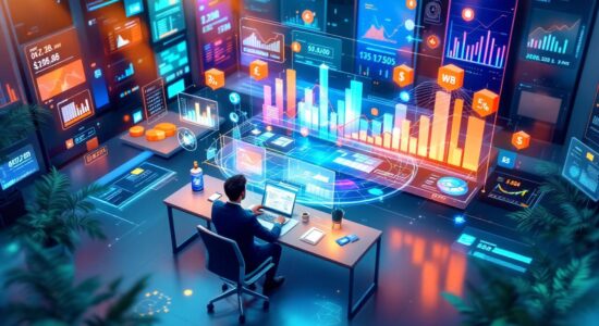 Финансовая модель для маркетплейсов OZON и WB в футуристическом офисе.