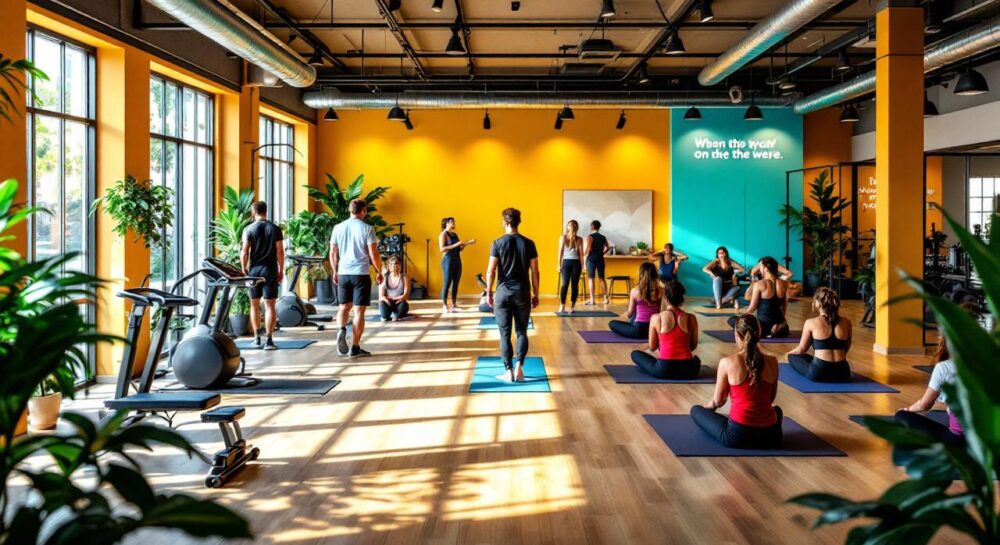 Modern fitness club interior with diverse workout areas and people exercising.