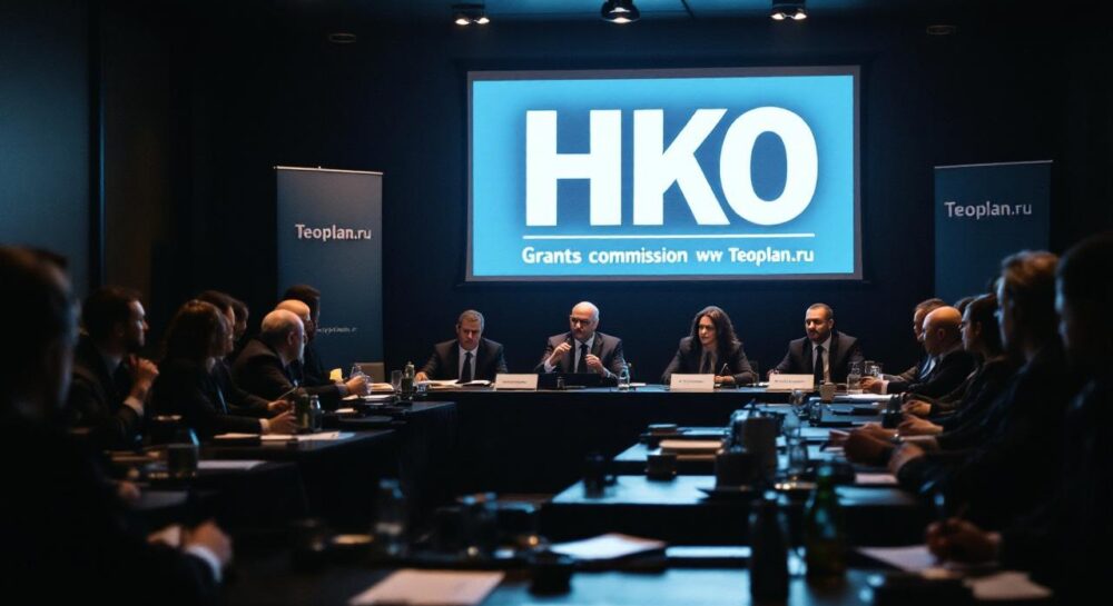 Комиссия по грантам в строгой обстановке, с проектором и жюри за столом.