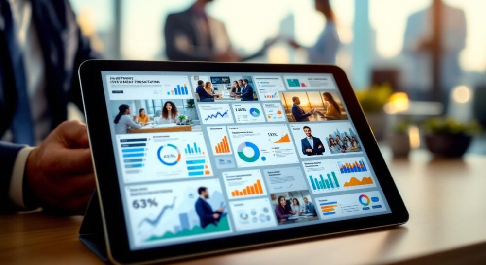 Структура инвестиционной презентации на фоне современного офисного интерьера.