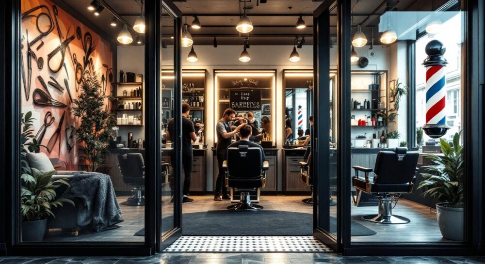 Современный барбершоп с стильным интерьером и уютной атмосферой.