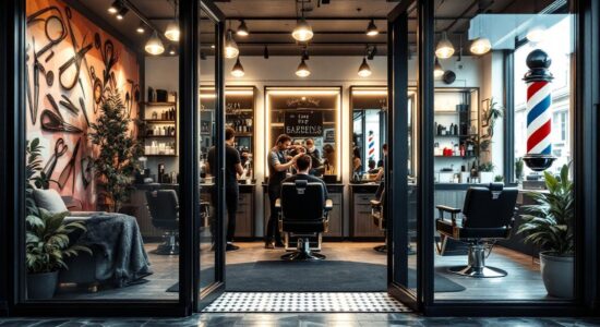 Современный барбершоп с стильным интерьером и уютной атмосферой.