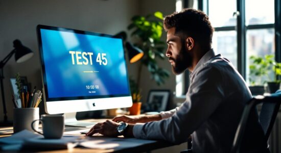 A person sitting in an office taking a test, with 'TEST 45' displayed on the screen.