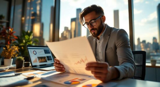 An office scene depicting a professional assessing risk in a business plan, surrounded by data and a city view.