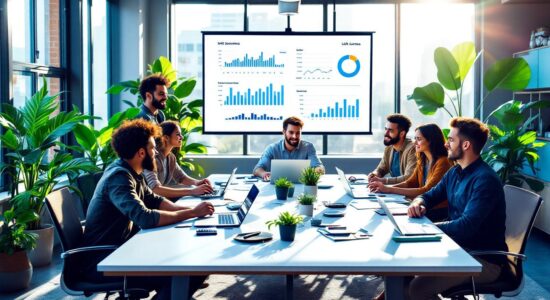 A group of young entrepreneurs discussing startup unit economics with charts and laptops in a modern office.