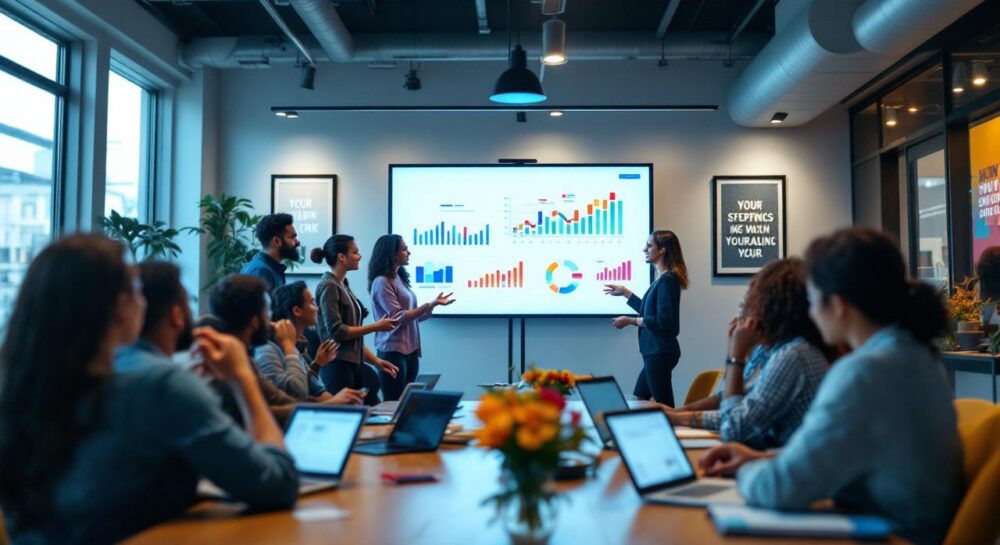 A startup team giving a presentation in a tech-savvy conference room, showcasing excitement and innovation.