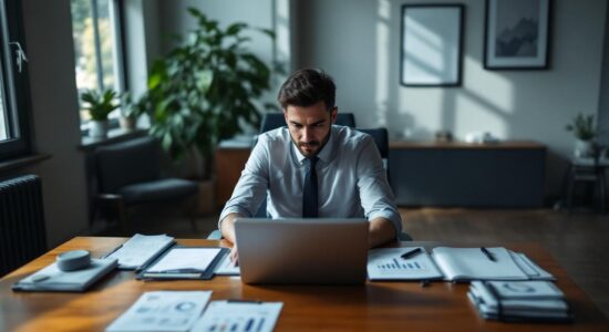 Строгий офис с человеком, работающим над бизнес-планом на компьютере.