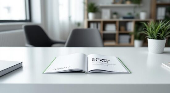 Строгая офисная обстановка с бизнес-планом Teoplan.ru на столе.