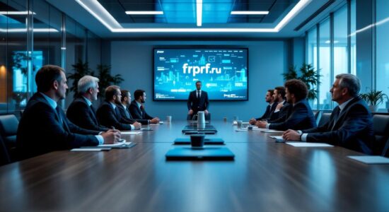 Строгое корпоративное собрание с бизнесменами и представителями фонда с экраном, показывающим frprf.ru.