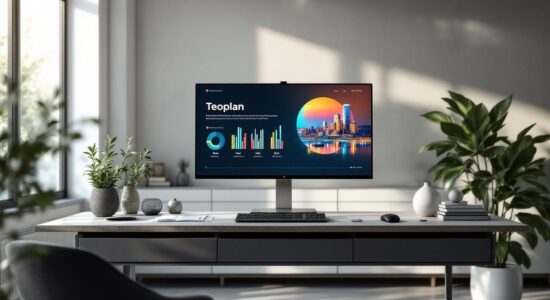 В строгом офисе с современным дизайном на экране компьютера отображается презентация проекта 'Teoplan'.