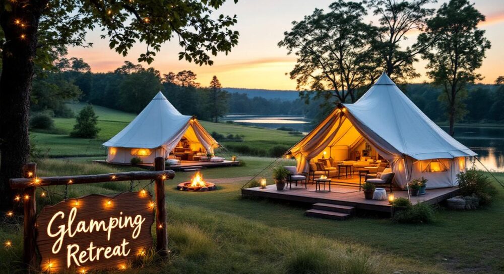 Стильный глэмпинг, окруженный природой с уютными палатками и вечерним светом.