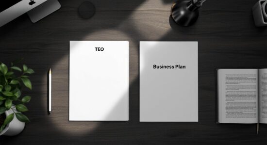 Офисный стол с двумя документами: один с надписью TEO, другой с надписью Business Plan. Строгая обстановка без людей.