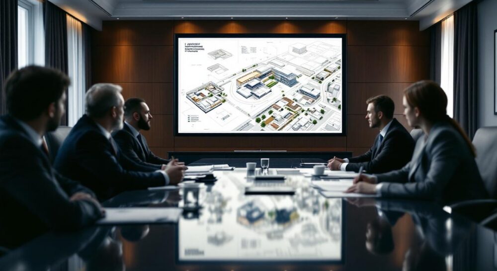 Совещание по получению земельного участка с людьми славянской внешности и ген планом строительства на экране.