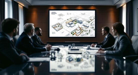 Совещание по получению земельного участка с людьми славянской внешности и ген планом строительства на экране.