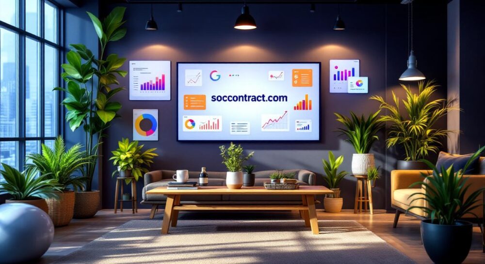 Современный офис с пятью лучшими инструментами для составления бизнес-планов, в центре которого soccontract.com.