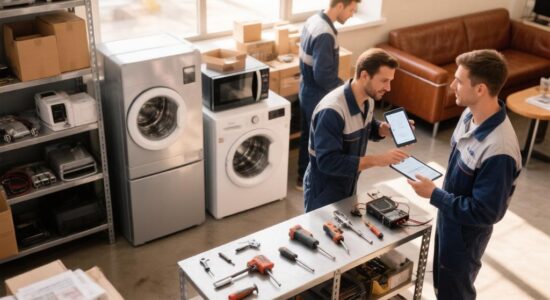 A busy appliance repair shop with technicians working on various devices and customers interacting with staff.